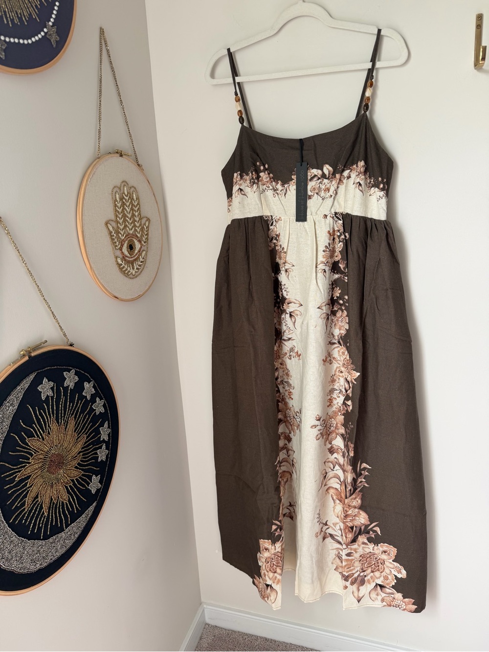 House of Harlow 1960 Brown & Cream linen cotton Floral Maxi Dress